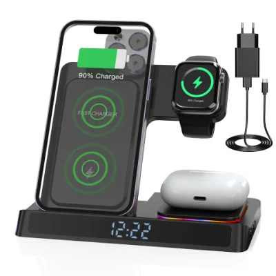 FCC Qi Digital Alarm Clock 4 in 1 Apple Wireless Charger Stand Charging Station with LED for iPhone/iWatch/Airpods