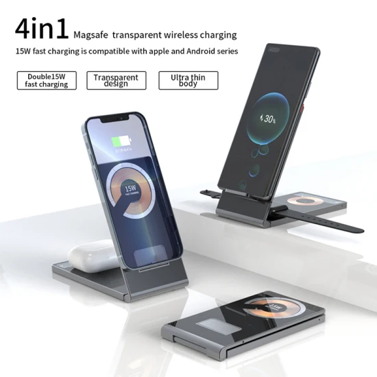 New 4 in 1 Magsafe Transparent Wireless Charger 15W Fast Charging Station for Apple Watch Series 6/5 for iPhone 12/13 PRO Max